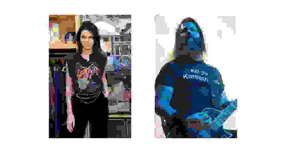 Kendall Jenner and Gary Holt wearing their respective t-shirts.